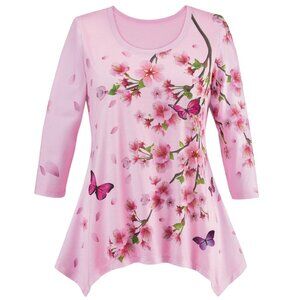 New XXL Pink Fluttering Butterflies and Cherry Blossom SharkBite Knit Tunic